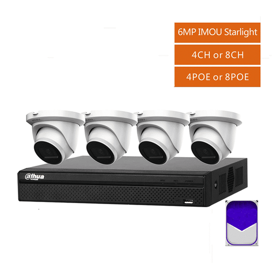 4 Channel CCTV Security Kit: Dahua 4 Channel 4K NVR (1TB), 4 x 6MP Fixed Imou Starlight Turret PoE IP Camera