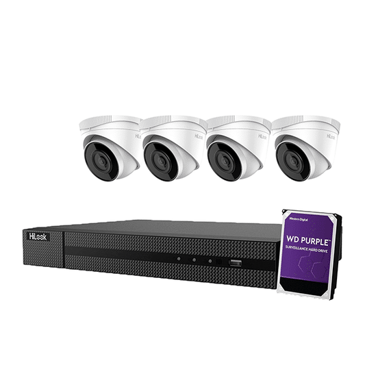 HiLook by HikVision 4 Channel CCTV Security Kit: HiLook 4 Channel 4K NVR (1TB), 4 x 4MP Fixed HiLook Turret PoE 30m IR IP Cameras 2.8mm