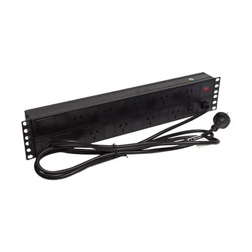 Wideband 10 Way Basic Horizontal PDU, (10) 3 Pin Aus GPO Output (1) 3 Pin Aus Plug Input, 10A, 240V